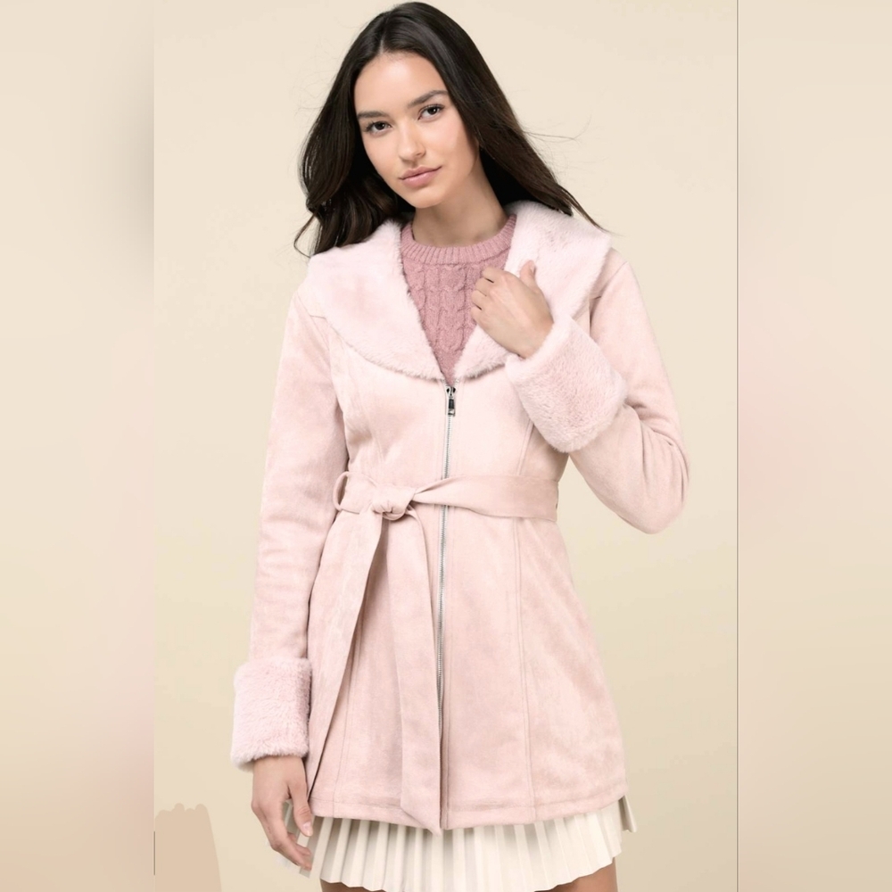 Lulus Blush Pink Suede Faux Fur-Trim Belted Coat Size L